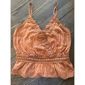 Sweet Wanderer Babydoll Tank Top Womens XL Brown Eyelet Smocked Handkerchief Hem